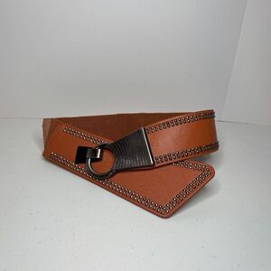 MAKEN Brown Leather Studded Hook Buckle Wide Waist Belt Adjustable